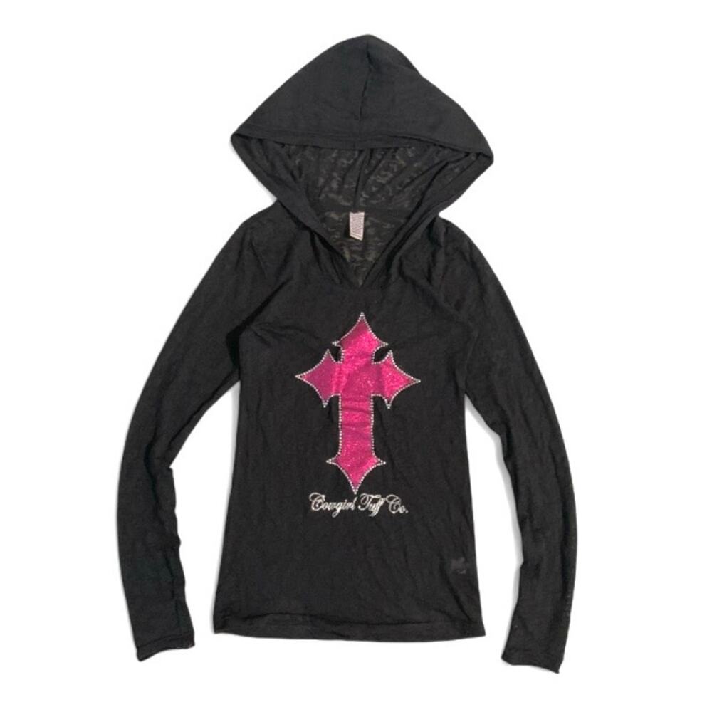Cowgirl Tuff Y2K Sheer Black Glitter Cross Hoodie Top Size M